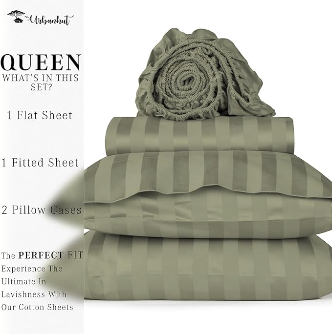 URBANHUT 800 Thread Count Egyptian Cotton Damask Striped Queen Size Sheets Set (4 Pc) - Ultra Soft & Smooth, Sateen Weave Queen Size Sheets, Luxury Hotel Sheets with 16" Deep Pocket - Sage