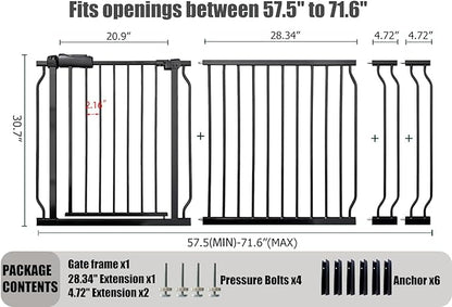 Extra Wide Baby Gate 67-71.6 Inch, Heavy Duty Safety Gate Indoor for Kids & Pets, Black Metal Dog Gate, Pressure Mounted No Drilling Pet Gate for Large Openings, 30 Inch Tall