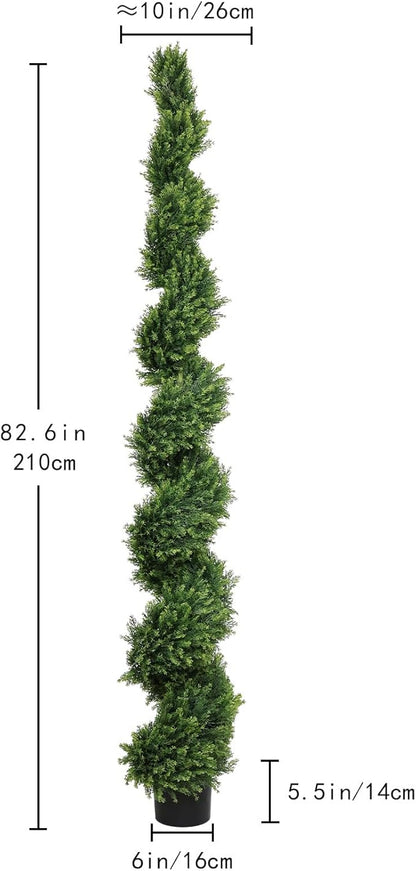 THE BLOOM TIMES 7ft Spiral Artificial Topiary Trees Set of 2, 82 inch Faux Cedar Trees for Outdoor Planters - Fake Twist Cypress Plants for Garden Front Porch Indoor Outside Christmas Decor 7 Foot
