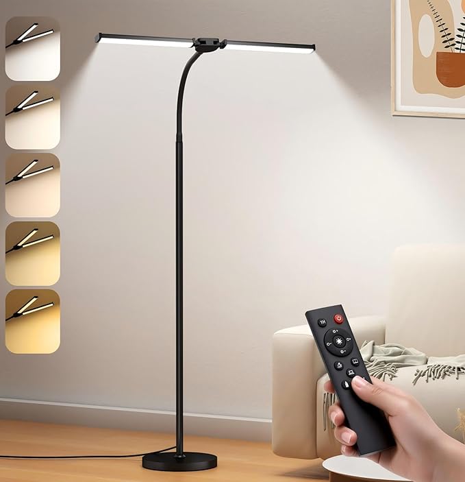 LED Floor Lamp for Living Room, Bright Reading Lamps for Office, Adjustable Colors Temperatures&Brightness, Dual Head Gooseneck Standing Lamp, Remote and Button Control，Eye-Caring Tall Lamp, Black