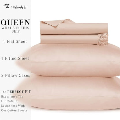 URBANHUT 800 Thread Count Queen Size Egyptian Cotton Sheets Set, 4 Pc Bed Sheet Sets for Queen Size Bedding, Luxury Hotel Sheets Sateen Finish Fits 16" Deep Pocket - Blush Pink