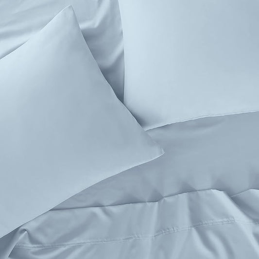 Serta Simply Clean Super Soft Hypoallergenic Stain Resistant Deep Pocket 4 Pieces Solid Bed Sheet Set, Queen, Light Blue