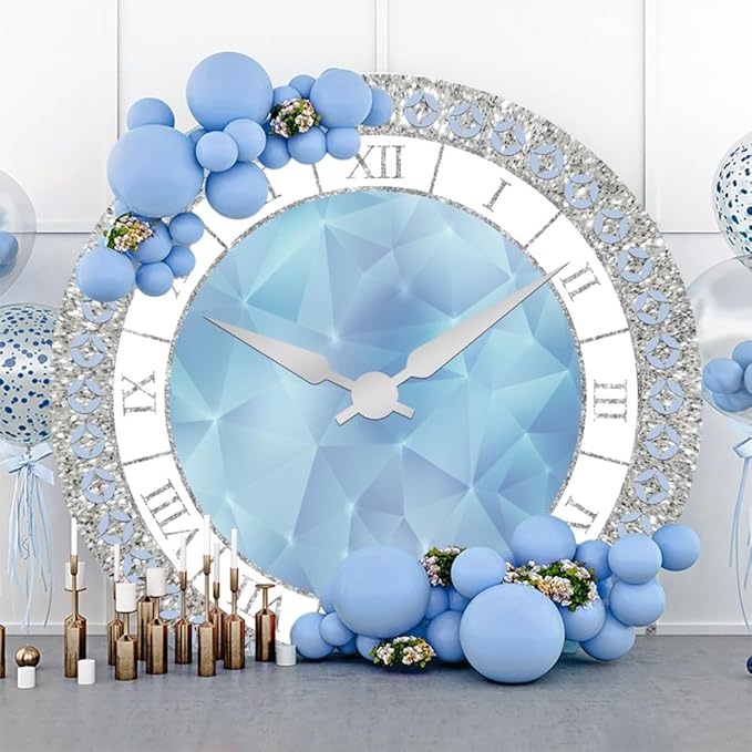 6.5x6.5ft Crystal Blue Clock Round Backdrop Cover Luxury Silver Blue Clock Circle Backdrop Background Girls Kids Newborn Baby Shower Women Birthday Party Decorations Congrats Grad Studio Props