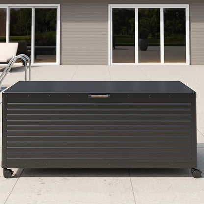 MIRADOR 281 Gallon Outdoor Storage Box Waterproof, Metal Deck Box with wheels for Patio Furniture, Garden Tools, Outdoor Cushion, Charcoal