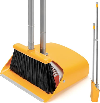 Broom and Dustpan Set with Long Handle 52", Standing Broom and Dust Pan Set for Home Kitchen Room Office Lobby Yellow