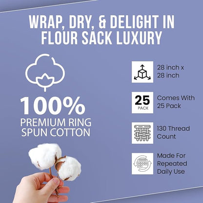 WHITEWRAP Flour Sack Towels| Tea Towel for Crafts| Kitchen Dish Cotton Blank Towel for Embroidery|Baking Bread Proofing Linen Cover| Thick Absorbent Quick Dry| 24 Pack 28"x28" Natural
