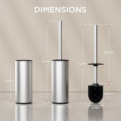FORIOUS Toilet Brush and Holder Set Brushed Nickel, Heavy Duty 304 Stainless Steel Base and Long Handle Toilet Bowl Cleaners Brush, for Bathroom Storage and Organization, 2 Brush Head