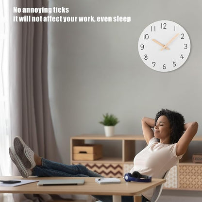 Plumeet 12'' Wooden Wall Clock Frameless Clocks with Silent Quartz Movement - Modern Style Village Wall Clocks Decorative Home Kitchen - Battery Operated (White)