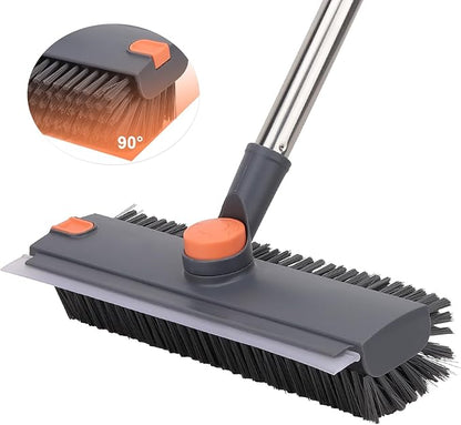 Floor Scrub Brush with 64" Long Handle - 360° Swivel Heads Household Push Brush with Squeegee and Right Angled Bristle for Cleaning Concrete Floors Grout Gardens Patio Deck Concrete Garage Heavy Duty