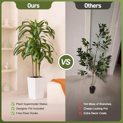 Artificial Dracaena Tree 5FT - UV Resistant Faux Tree with Large Taper Planter & Pebbles - Tall Fake Plants Indoor & Outdoor, Potted Floor Plant for Home Living Room Porch Decor, VN127