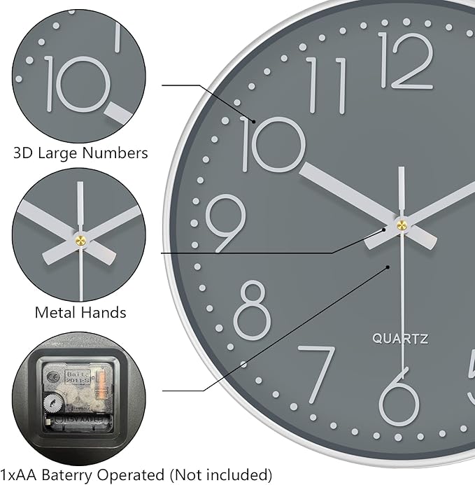 Wall Clock, Silent Wall Clocks Battery Operated 10 Inch Modern Non Ticking Analog Clock with Large Numerals Tempered Glass Clocks for Bedroom, Living Room, Kitchen, Office Decor, Grey