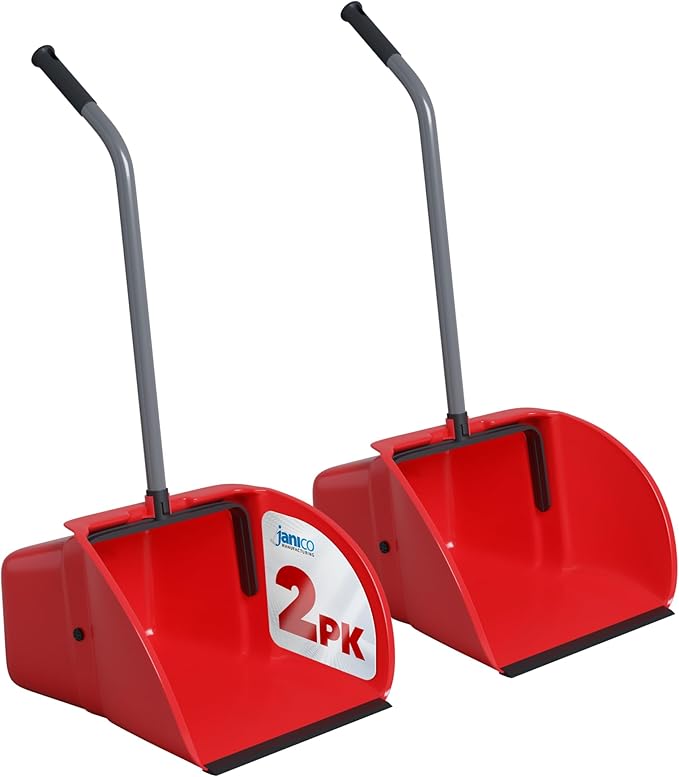 Janico Tall Commercial Dust Pan with Handle – 2 Pack – Indoor/Outdoor Heavy Duty Large Upright Standing Dust Pans with Long Handle – 12-Inch Wide Plastic Stand Up Lobby Dustpan Only with Broom Clip