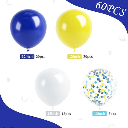 Yellow Blue Balloons, 60pcs 12 Inch Blue Yellow White Balloons, Dark Blue Gold Confetti Latex Balloon Helium for Graduation Birthday Wedding Baby Shower Party Decoration