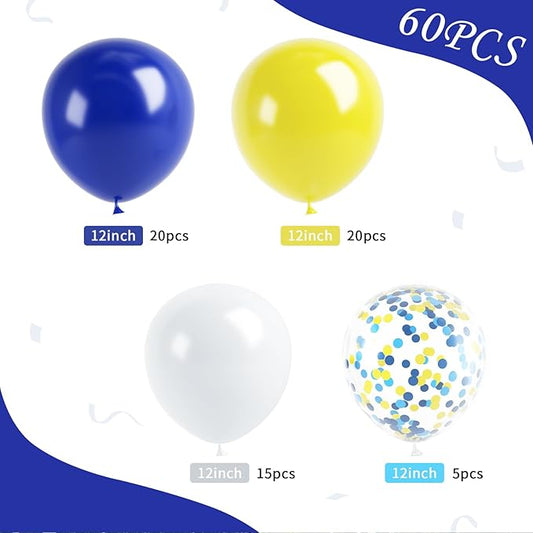 Yellow Blue Balloons, 60pcs 12 Inch Blue Yellow White Balloons, Dark Blue Gold Confetti Latex Balloon Helium for Graduation Birthday Wedding Baby Shower Party Decoration