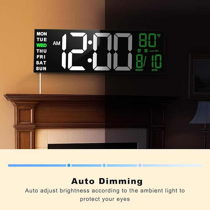TrophyRak 16" Large Digital Wall Mount Clock, Count Down Timer, Alarm, Big LED, RGB Color, DST, Temperature for Living Room Classroom Desk, Wall, Xmas, Birthday Gift for Senior Mom Dad, White Green