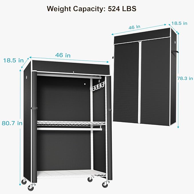 White Clothing Rack with Black Cover, P1C Plus Rolling Closets with Wheels, Metal Garment Rack for Hanging Clothes, Clothing Storage Wardrobe, 46" W x 18.5" D x 80.7" H, Load 524 Pounds