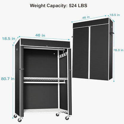 White Clothing Rack with Black Cover, P1C Plus Rolling Closets with Wheels, Metal Garment Rack for Hanging Clothes, Clothing Storage Wardrobe, 46" W x 18.5" D x 80.7" H, Load 524 Pounds