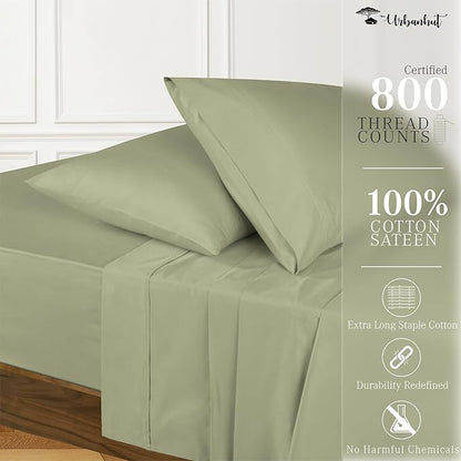 URBANHUT 800 Thread Count Egyptian Cotton Sheets Set Full Size, Luxury Full Size Bed Sheets, 4 Pc Bed Sheet Sets, Hotel Sheets Sateen Finish Fits 16" Deep Pocket - Sage