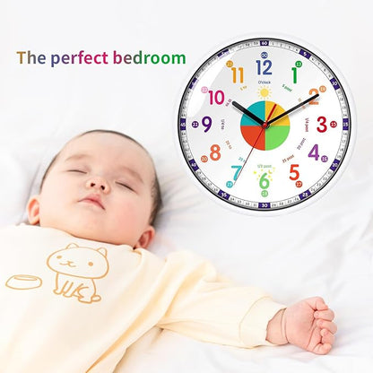 Wall Clock for Kids with Silent Non Ticking Sweep Quartz Mechanism - Easy to Read & Learn to Tell Time,Quiet Child Wall Clock Perfect for Parents and Teachers, Kids Bedroom or Classroom / 12 Inch
