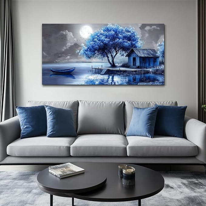 QIYILEXWART Large Wall Decor For Living Room Canvas Wall Art For Office Modern Wall Decorations For Bedroom Blue Tree Landscape Painting Abstract Pictures Artwork Room Home Decor 24x48 In
