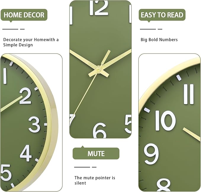 Wall Clocks Battery Operated 10 inch Modern Wall Clock,Silent Non Ticking Wall Clock for Living Room Bedroom Kitchen Office Classroom Decor (Green Gold)