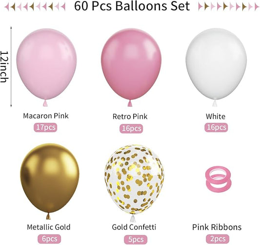 FunHot Pink and Gold Balloons, 60Pcs Retro Pink White Balloons, 12 Inch Metallic Gold Confetti Balloons Helium Light Pink Latex Party Balloons for Girls Baby Shower Birthday Princess Party Decorations