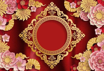AOFOTO 10x6.5ft Chinese New Year Backdrop Red and Gold Paper-cuts Floral Lucky Clouds Traditional Spring Festival Asian Lunar New Year Background Room Decoration Banner Kid Portrait Photo Shoot Props