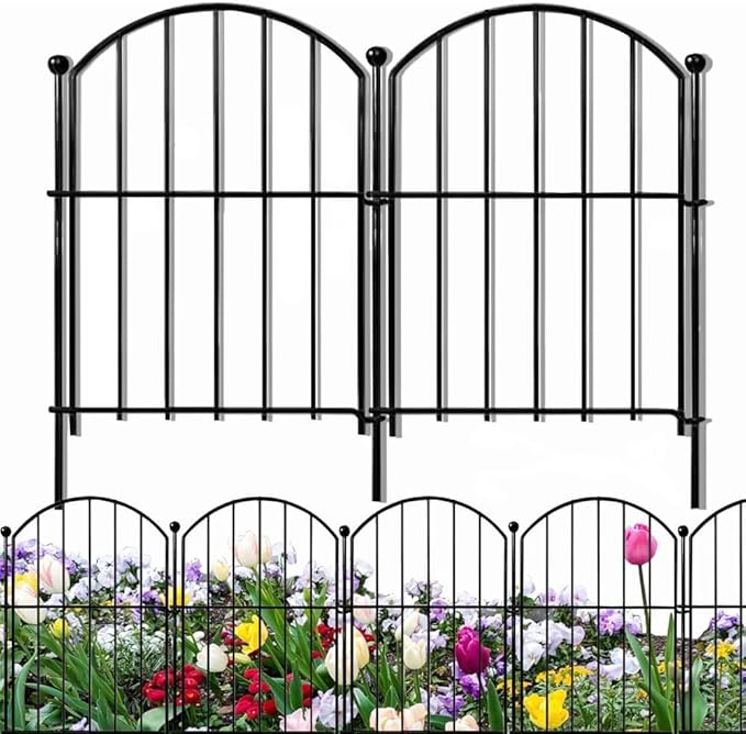 25 Panels No Dig Metal Garden Fence, Rustproof Decorative Dog & Rabbit Barrier with 11 Sturdy Stakes, Outdoor Animal Fencing for Yard, Patio, Flower Beds (Black)
