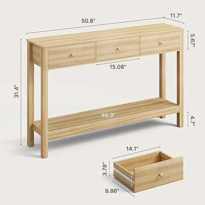 Gizoon 3 Drawer Sofa Table with, Modern Accent Console Table with Open Shelf, for Living Room, Front Hall, Entrance Hall, Study Room, Oak Color