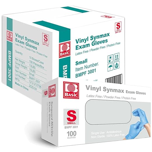 Jointown Medical Synmax Vinyl Exam Gloves - Latex-Free & Powder-Free - Small, BMPF-3001(Case of 1000,Blue)