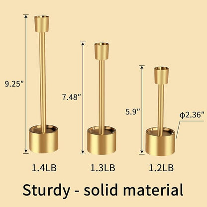 YUMORE 3-Packs Taper Candle Holders - Pillar Candlesticks Solid Stainless Steel Stands for Church, Wedding Centerpieces, Dining Table, Mantel Decor, Fireplace Party, Modern Farmhouse(Gold)