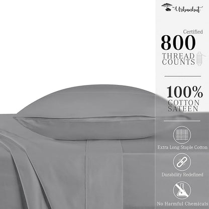 URBANHUT 800 Thread Count Egyptian Cotton Sheets Twin Size, Long Staple Sheets Set for Twin Size Bedding, 3 Pc Bed Sheet Sets, Luxury Hotel Sateen Sheets Fits 16" Deep Pocket - Dark Grey