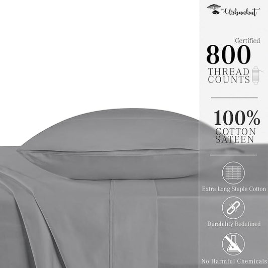 URBANHUT 800 Thread Count Egyptian Cotton Sheets Twin Size, Long Staple Sheets Set for Twin Size Bedding, 3 Pc Bed Sheet Sets, Luxury Hotel Sateen Sheets Fits 16" Deep Pocket - Dark Grey