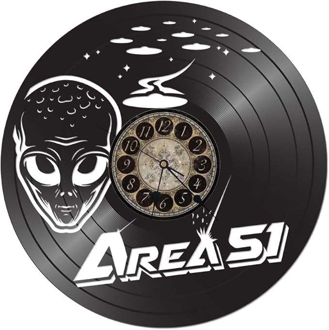 Vinyl Record Wall Clock, Black Decorative Alien Design, Handcrafted Home Decor with Vintage Style Clock Face