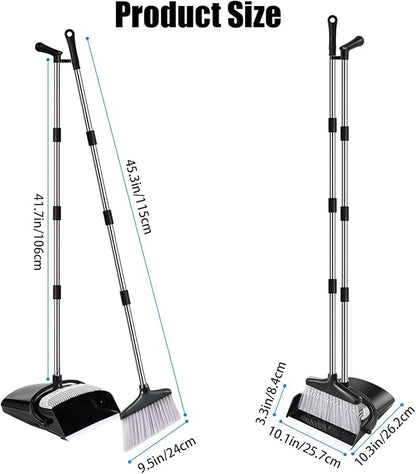 Broom and Dustpan Set with Long Handle and 6 Bonus Cleaning Tools, Upright Standing Combo with Self-Cleaning Teeth & Windproof Dustpan for Pet Hair, Home, Kitchen, Garage, Apartment