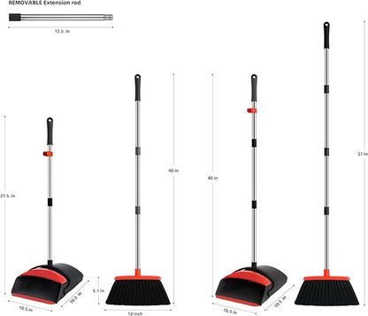 Broom and Dustpan Set, Broom Dustpan Combo with Adjustable Handle Broom Dust Pan Teeth to Automatically Clean Hair for Home Office Kitchen Lobby