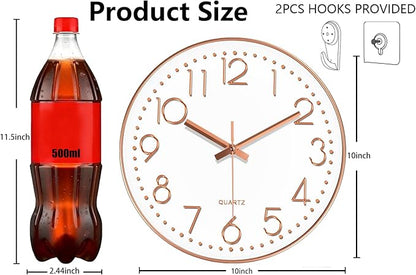 Wall Clock, Silent Wall Clocks Battery Operated 10 Inch- Modern Non Ticking Analog Clock with Large Numerals Tempered Glass Clocks for Bedroom, Living Room, Kitchen, Office Decor, Rose Gold