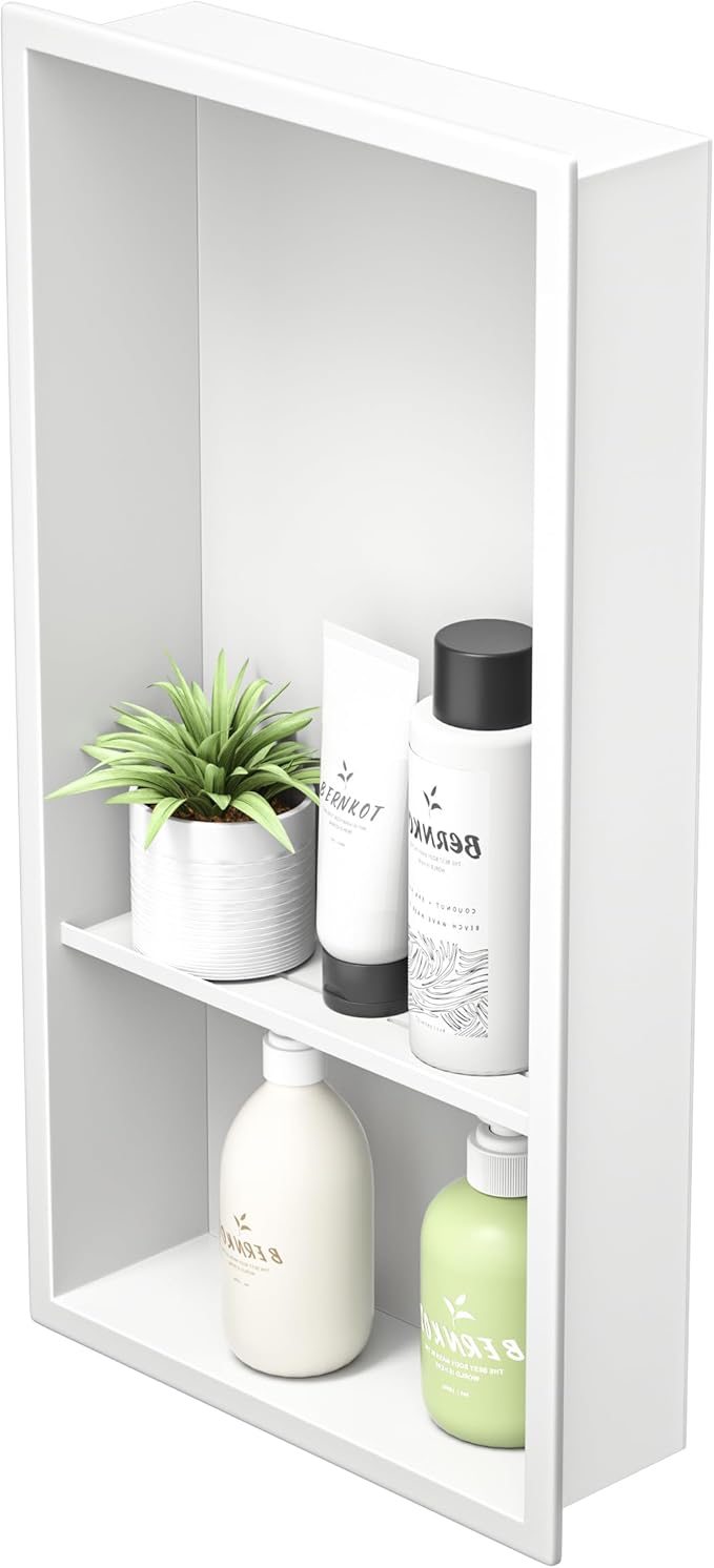 Stainless Steel Shower Niche White 24" X 12" No Tile Needed Wall Niche Double Shelves Recessed Shower Shelf for Bathroom
