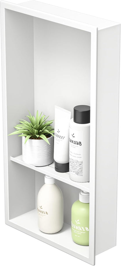 Stainless Steel Shower Niche White 24" X 12" No Tile Needed Wall Niche Double Shelves Recessed Shower Shelf for Bathroom