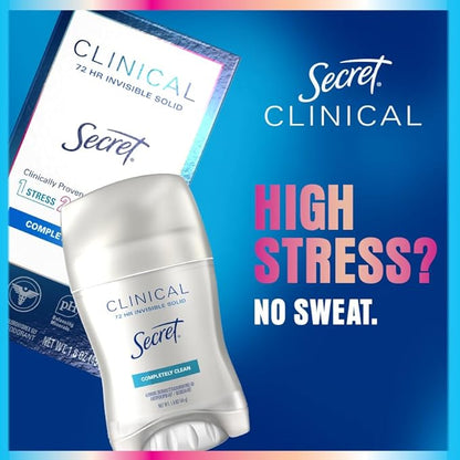 Secret Clinical Strength Antiperspirant Deodorant for Women, 3X Stress Protection, 72hr Sweat & Odor Protection, PH Balancing Minerals, Clear Gel, Completely Clean Scent, 2.6 oz