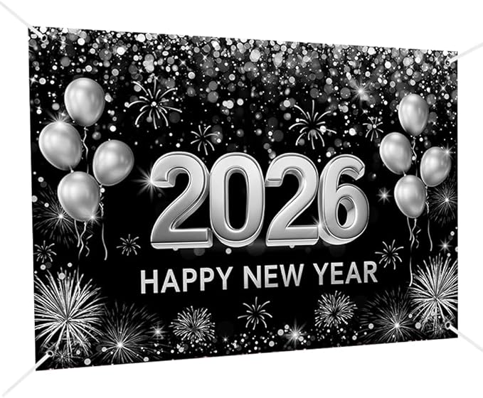 MEHOFOND 7x5ft Black and Silver 2026 Happy New Year Backdrop Hello 2026 New Year Eve Party Photography Background Balloon Fireworks Glitter Dots Cheers to 2026 Decor Banner Photo Booth Props