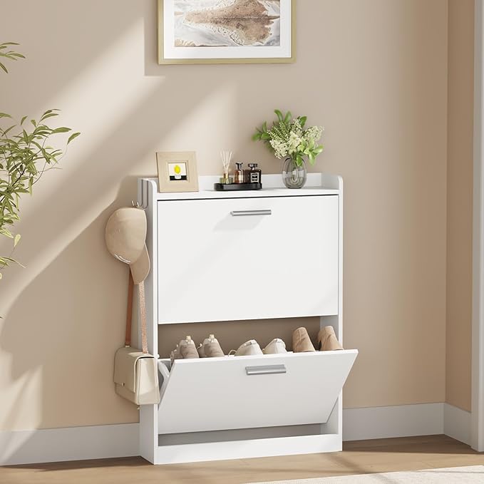 Shoe Cabinet Organizer with 2 Flip Drawers，Freestanding Shoe Rack Cabinet，Narrow Shoe Cabinet Storage for entryway，Foyer, Hallway, White, 23.6" W × 6.3" D × 33.1" H