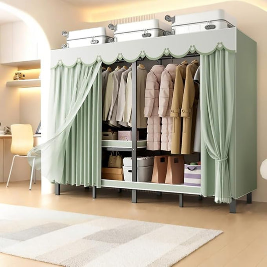 Foldable Portable Wardrobe Closet with Cover, Heavy Duty Clothing Rack for Hanging Clothes has 59in Vertical Storage Space, Coffee Metal Garment Rack (Green, 84.5in)