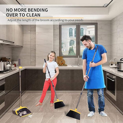 2-Pack is More economical，Upgraded Broom and Dustpan， with 52" Long Handle, Dustpan Teeth with self-Cleaning Function, Indoor and Outdoor Sweeping, Perfect for Home Office