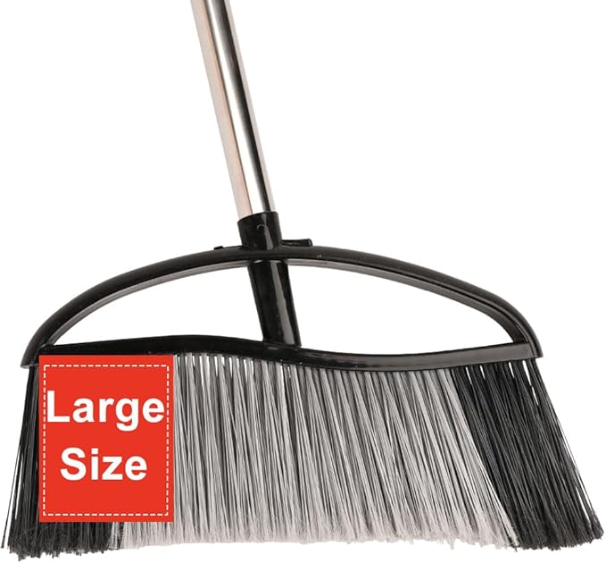 15.7" Wide Angle Heavy Duty Broom, All-Surface Outdoor Sweeper with Long Handle & Stiff Bristles for Patio, Garage, Yard (Black)