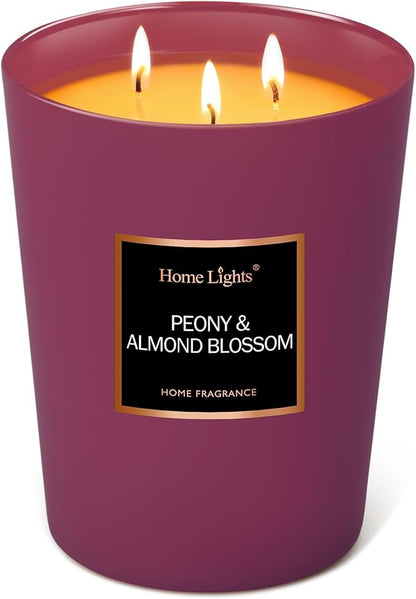 HomeLights Premium Scented Candles - 33.3 oz Natural Soy Wax, Aromatherapy for Home, Long Lasting Smokeless, 130 hrs Burn Time, 3 Cotton Wicks, Gifts for Women & Men - Peony & Almond Blossom