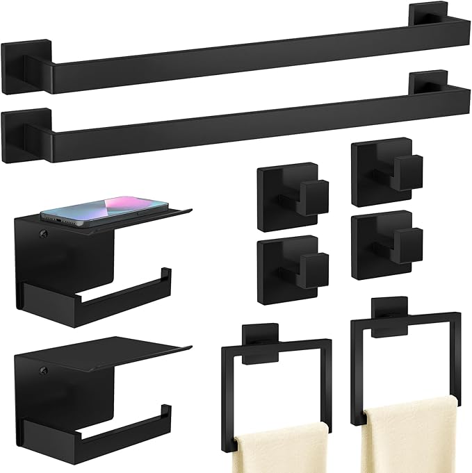 10-Piece Matte Black Bathroom Hardware Accessories Set, 24 inch Towel Bar, Stainless Steel Towel Racks for Bathroom, Bath Towel Bar Set Wall Mounted