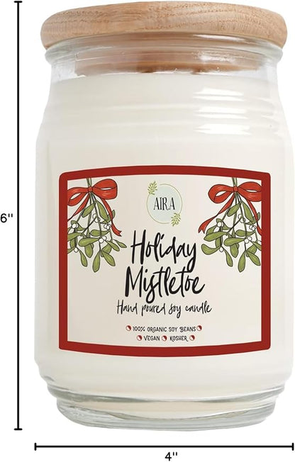 Aira Holiday Soy Candles - Organic, Kosher, Vegan, in Farmhouse Jar w/Essential Oil Blends - Hand-Poured 100% Soy Candle Wax - Paraffin Free, 150+ Hours - Holiday Mistletoe Christmas Candle -20 Ounce