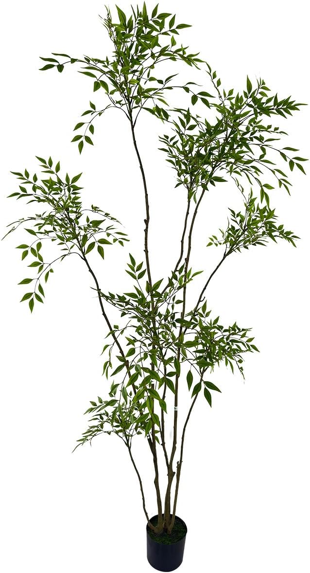 Artificial Nandina Domestica Tree, 7ft Tall Indoor Plant, Potted Faux Greenery with Natural Stems
