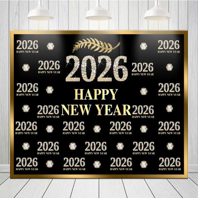 Happy New Year Backdrop 10x8ft Fabric 2026 New Year Party Decoration Backdrop NYE Backdrops for Photography
